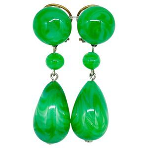 Vintage LOUIS ROUSSELET DEPOSE France green jade glass clip on drop earrings